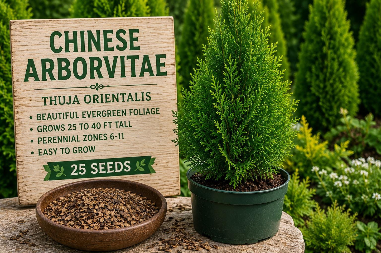 Chinese Arborvitae Seeds, Evergreen Ornamental Tree, Thuja orientalis, Landscape, Privacy Screen, Container Planting