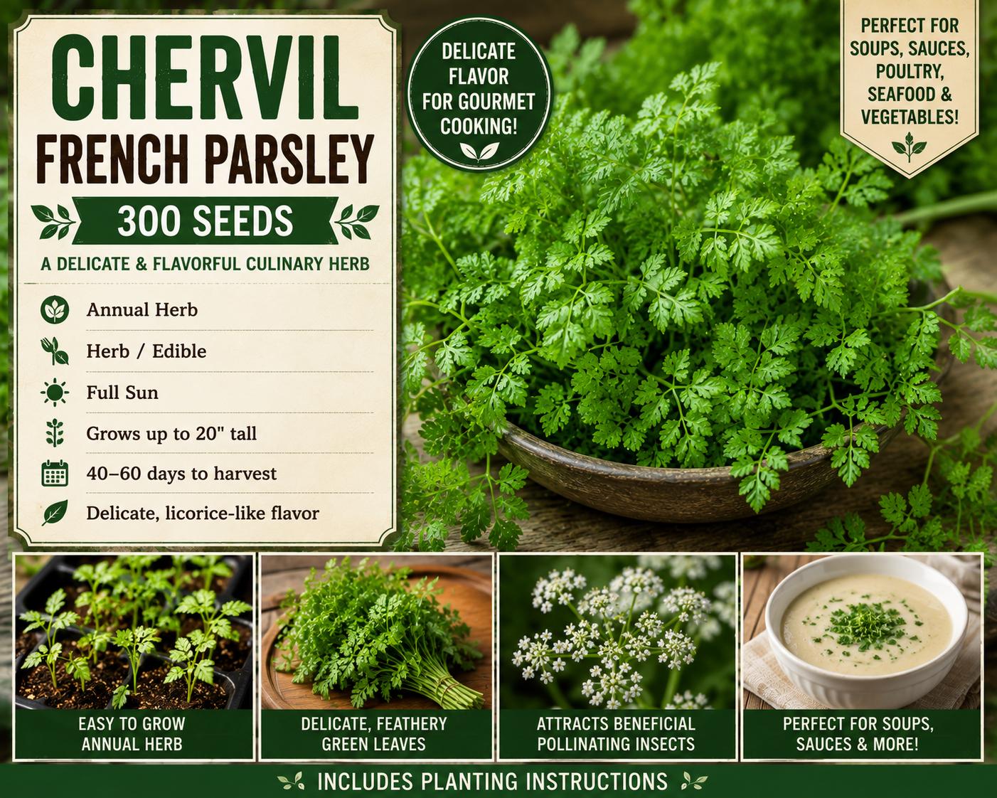 Chervil Herb Seeds – French Parsley, Anthriscus cerefolium, Culinary & Ornamental, 300 Seeds