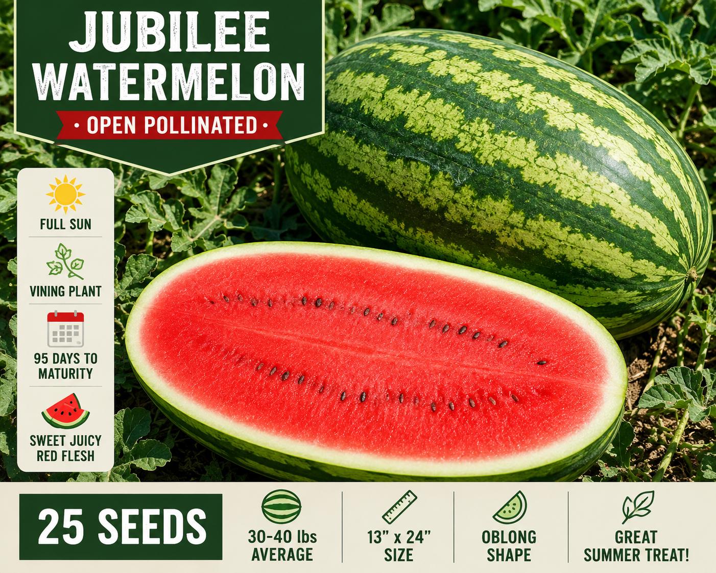 Jubilee Watermelon Seeds – Open Pollinated, Citrullus lanatus, Heirloom Fruit Vegetable, Red Flesh, Large Oblong Fruits, 25 Seeds
