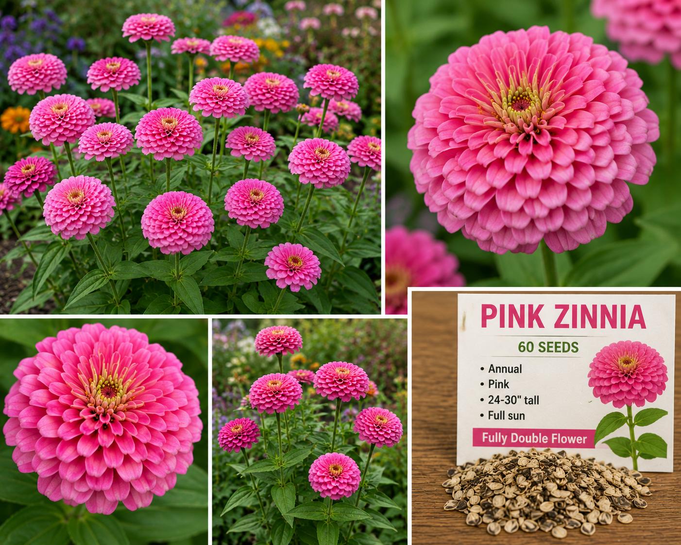 Pink Zinnia Seeds – Zinnia elegans Fully Double Annual Flower for Garden Borders & Cut Flowers, Bright Pink Blooms
