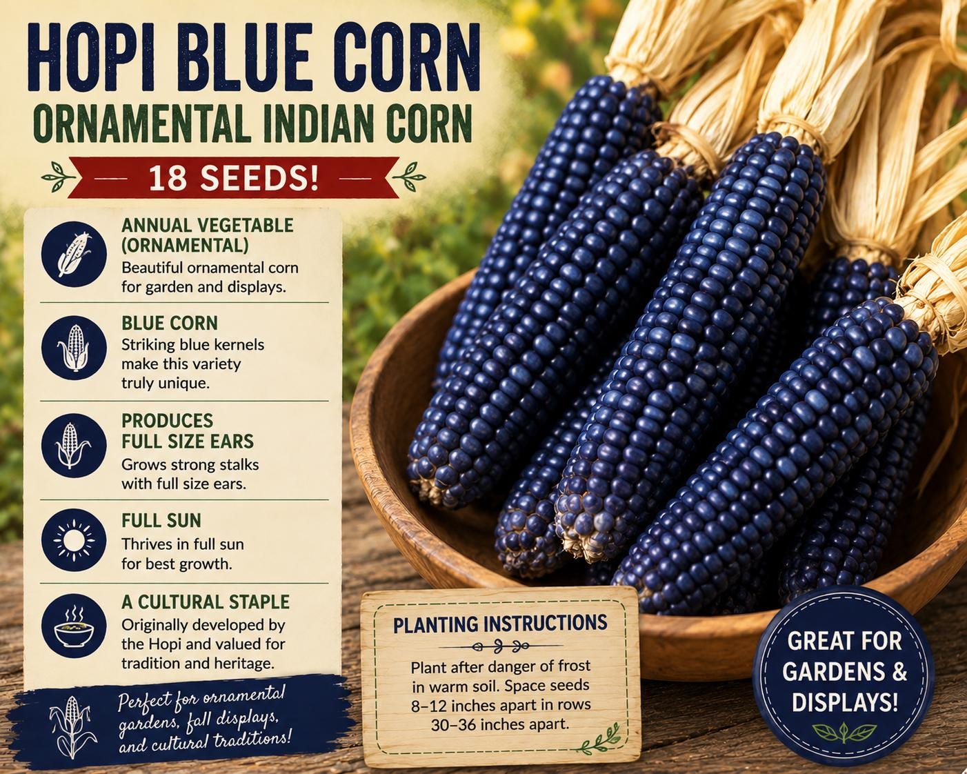 Hopi Blue Corn Seeds – Ornamental Zea mays Blue Maize Variety for Decorative Gardens and Harvest Displays