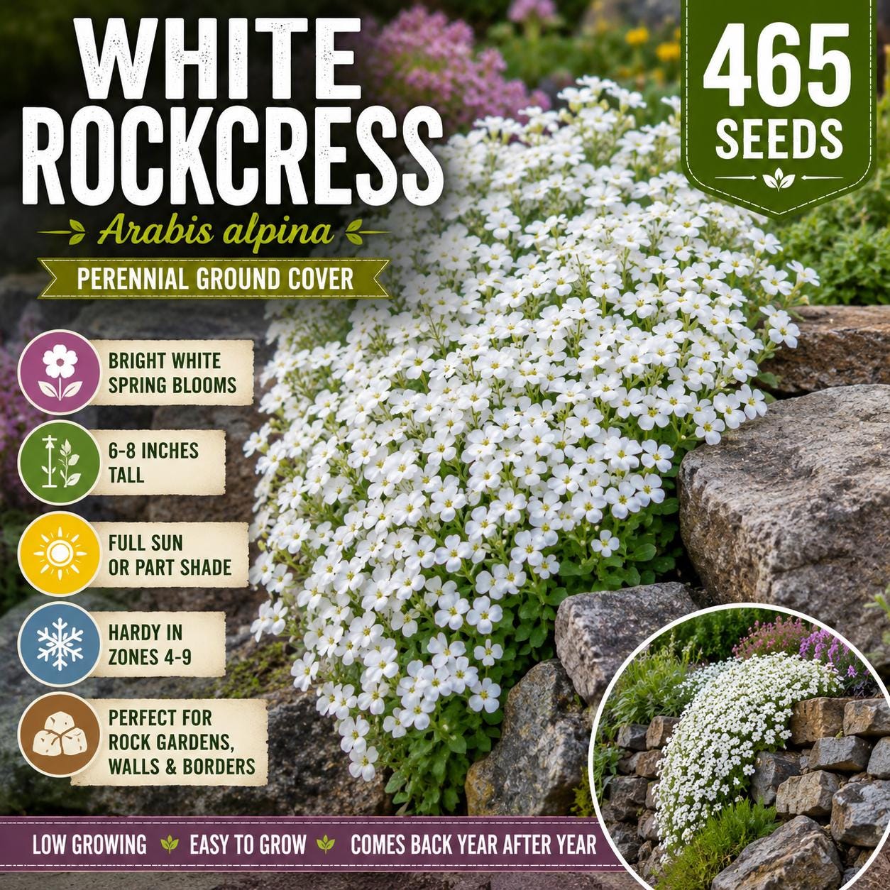 White Rockcress Seeds 465 Arabis alpina Perennial Ground Cover for Rock Gardens and Borders