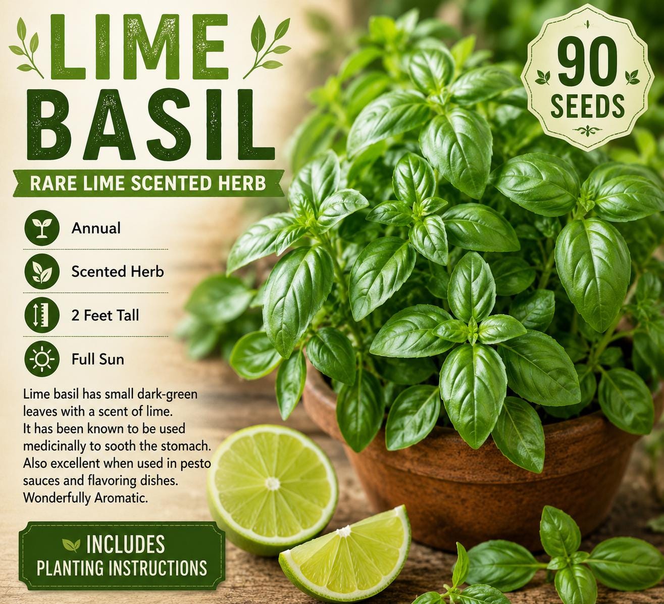 Lime Basil Seeds – 90 Pack, Fragrant Ocimum basilicum, Culinary Herb, Lime Scented Annual Herb for Herb Gardens & Containers