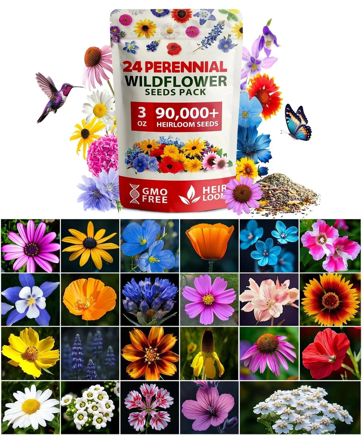 Wildflower Seeds 3oz Non-GMO Home Grown Mix USA-Sourced 90,000+ Seeds Native Flora