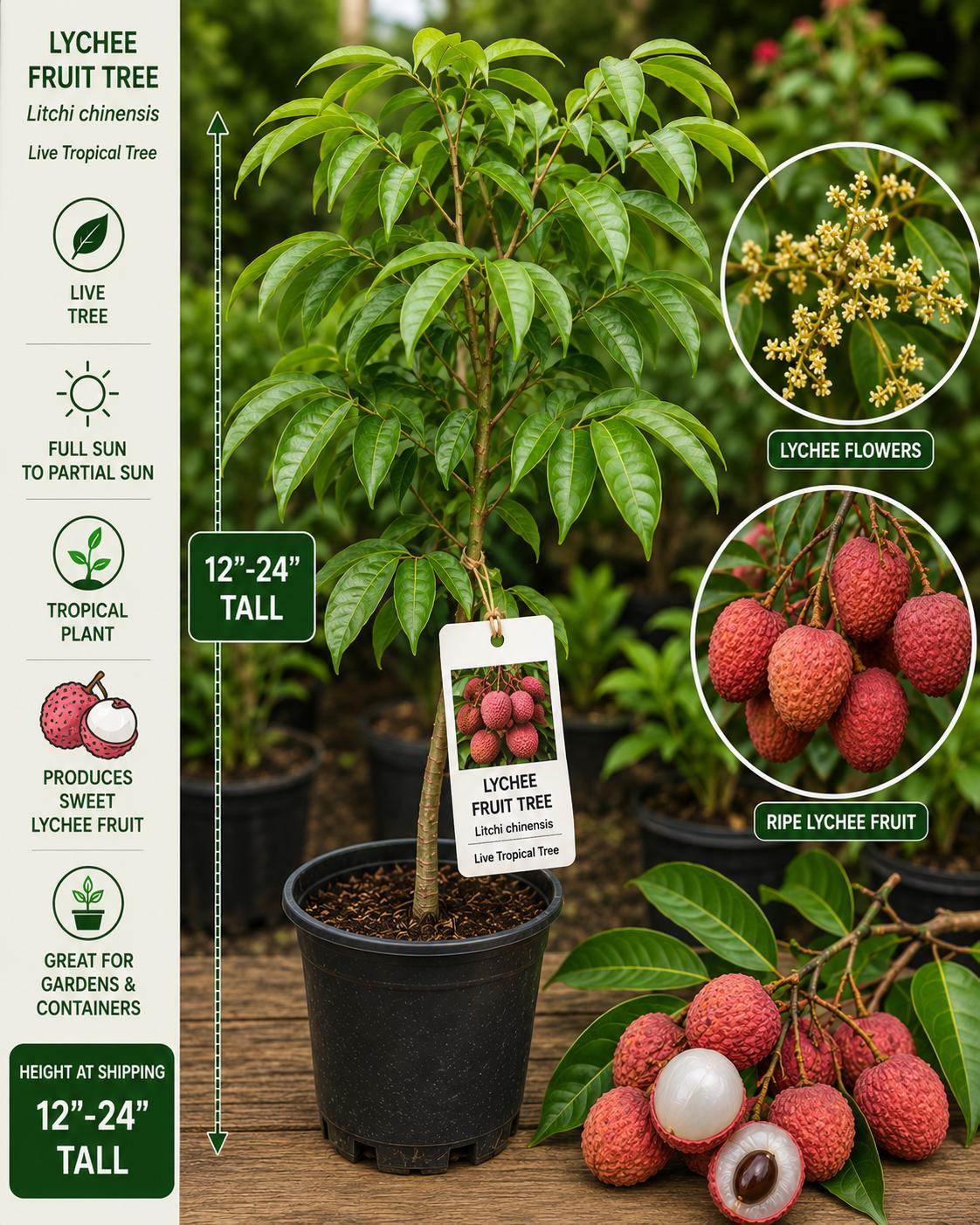 Lychee Live Fruit Tree – 12–24 Inches Tall – Litchi chinensis – Tropical Edible Tree for Backyard Gardens
