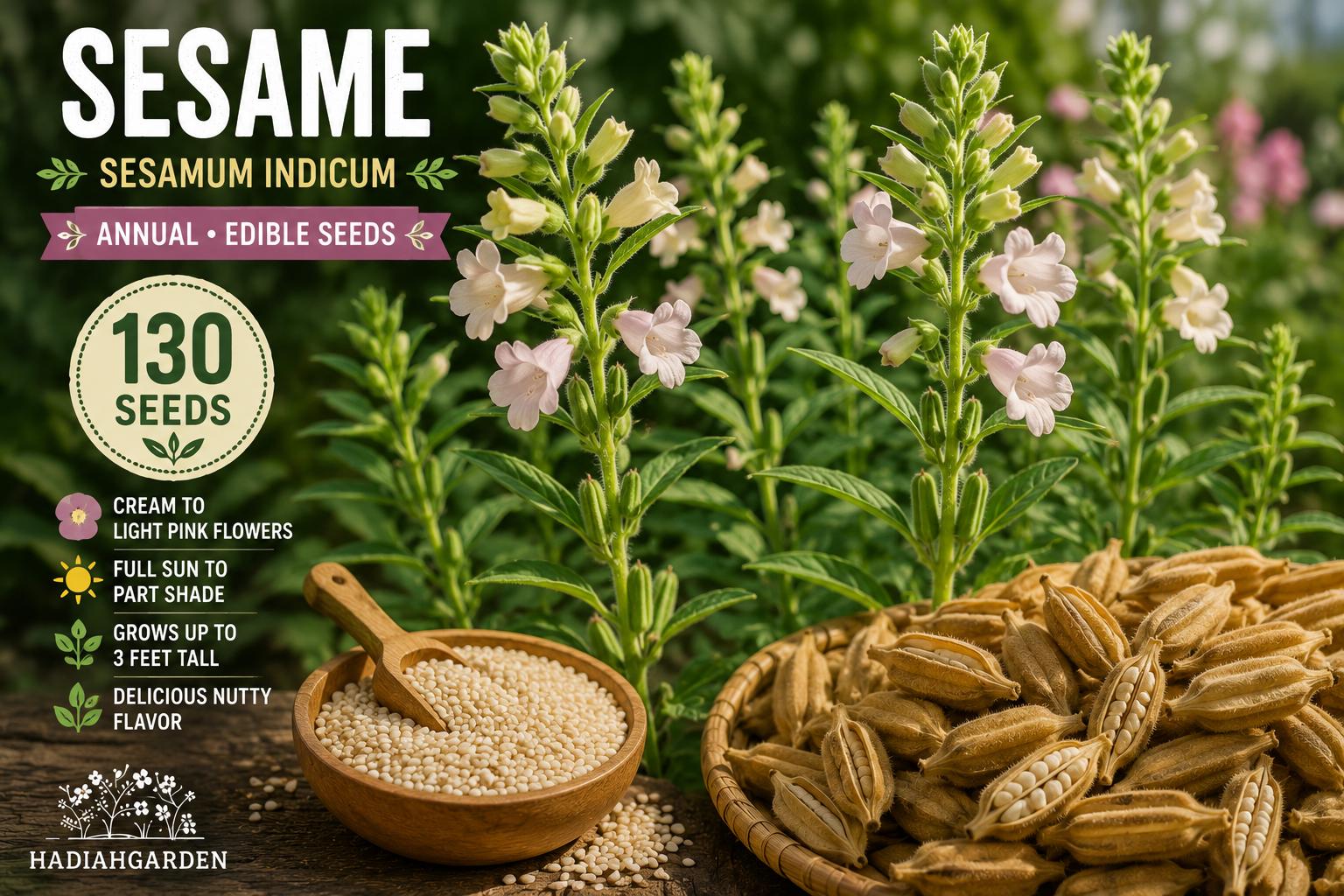 Sesame Seeds 130 Pack – Edible Seed Plant with Cream to Light Pink Flowers – Sesamum indicum Annual