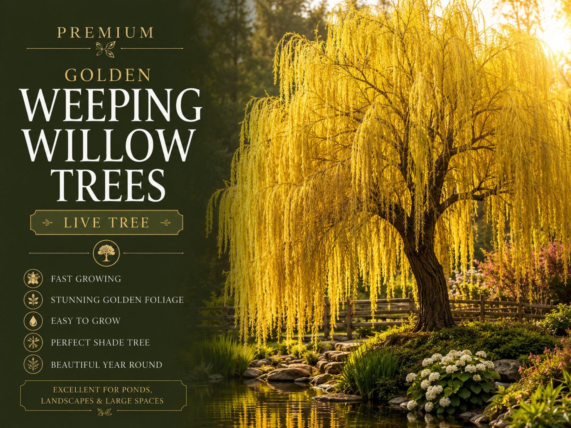 Golden Weeping Willow Live Cuttings – Salix alba, Fast Growing Shade Tree, Ornamental Cascading Branches, Deciduous Tree for Landscaping