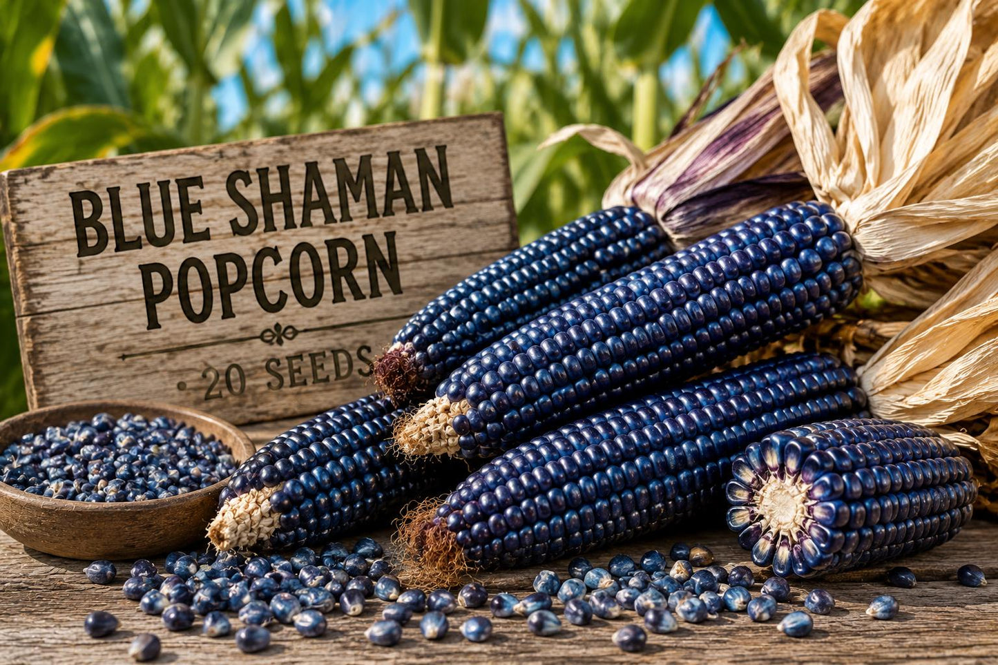 Blue Shaman Popcorn Seeds - Heirloom Zea mays with Blue Kernels for Popping & Edible Use, Full Sun Annual Corn