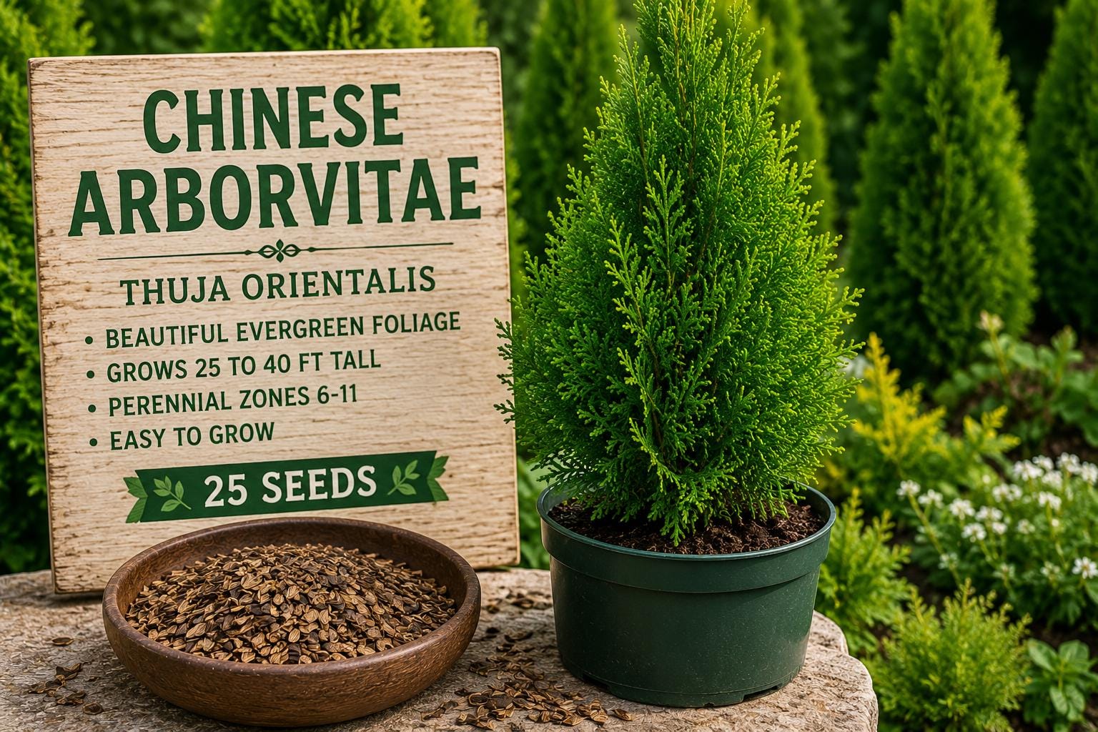 Chinese Arborvitae Seeds, Evergreen Ornamental Tree, Thuja orientalis, Landscape, Privacy Screen, Container Planting