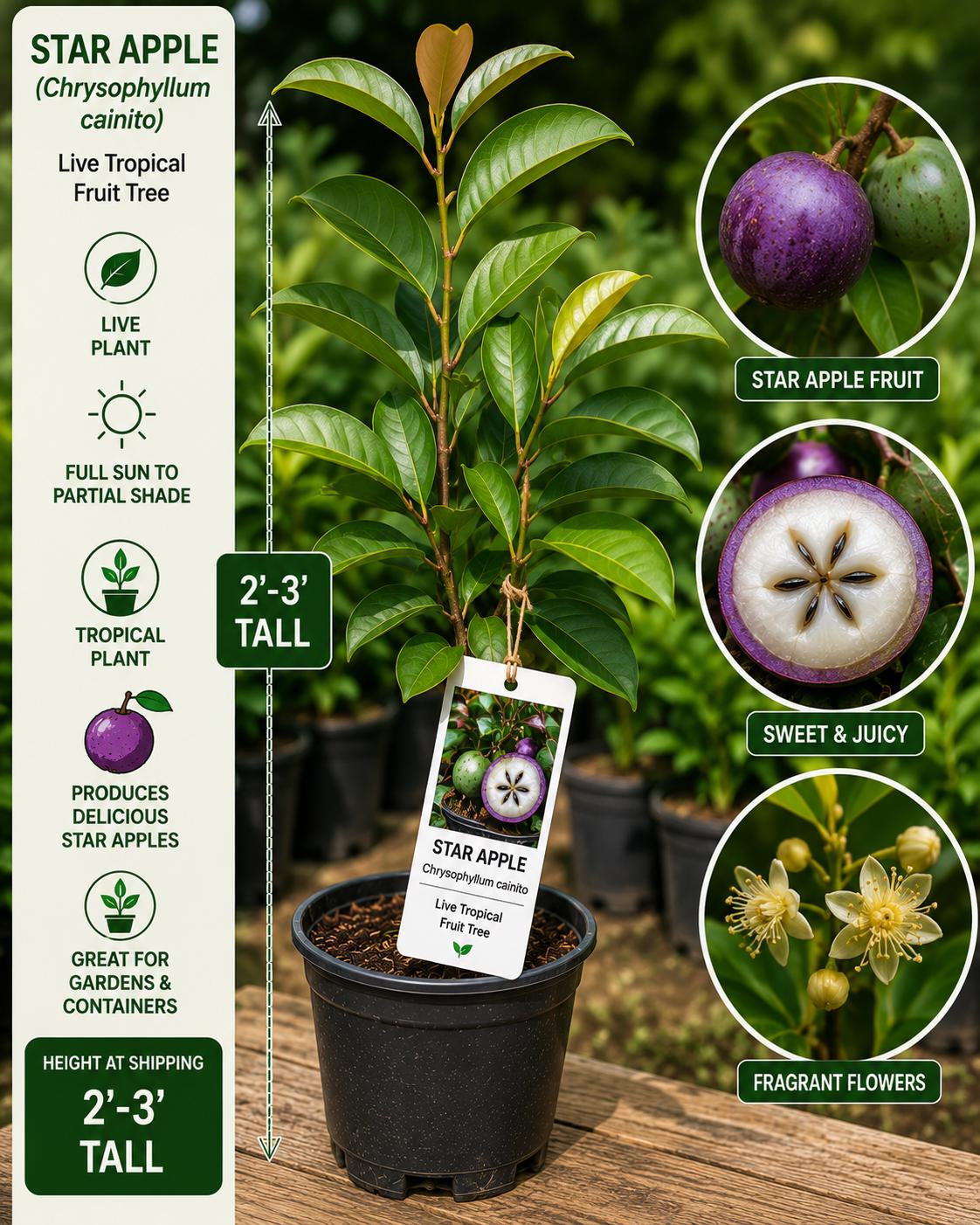 Star Apple Live Fruit Tree 2–3 Feet Tall – Chrysophyllum cainito – Tropical Edible Landscape Tree