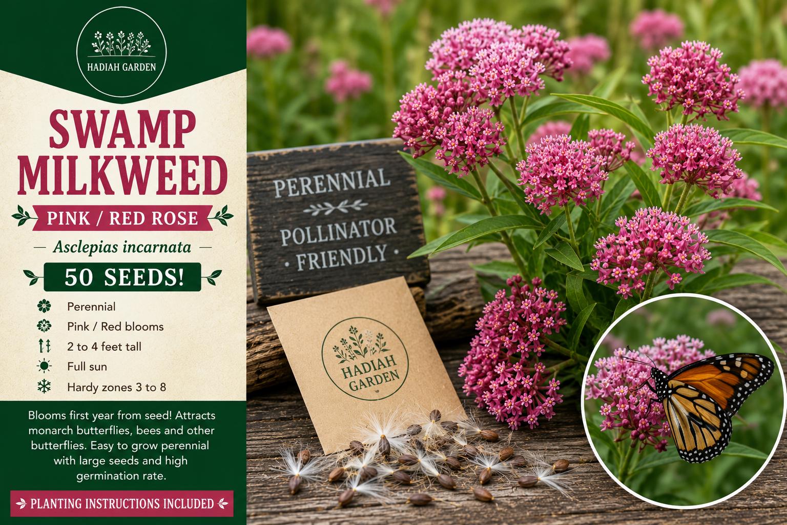 Swamp Milkweed Seeds – Perennial Flower Seeds – Pink-Red Asclepias incarnata for Pollinator Gardens and Wetlands