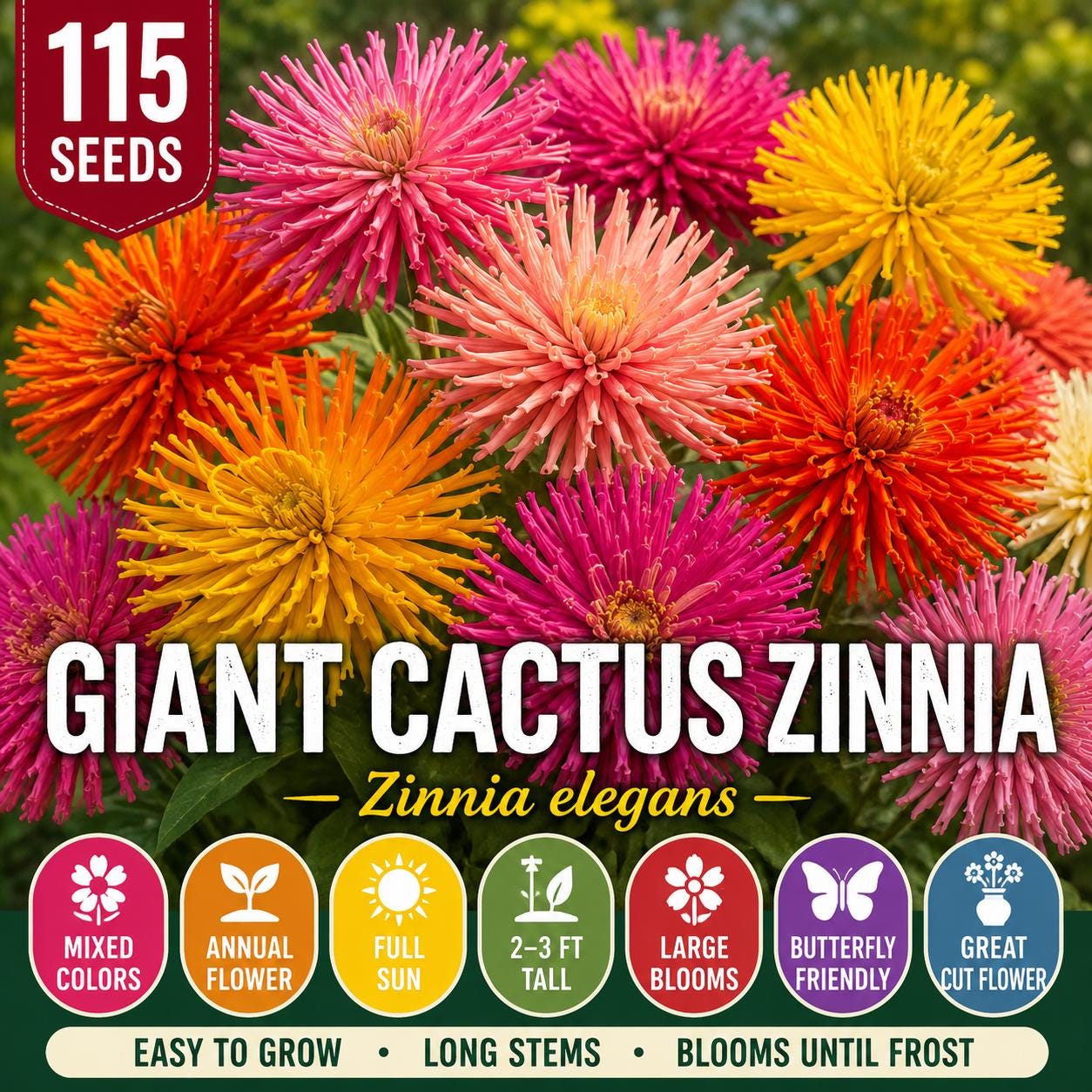 Giant Cactus Zinnia Seeds 115 Pack – Zinnia elegans Mixed Colors for Garden, Cut Flowers & Pollinator Attraction