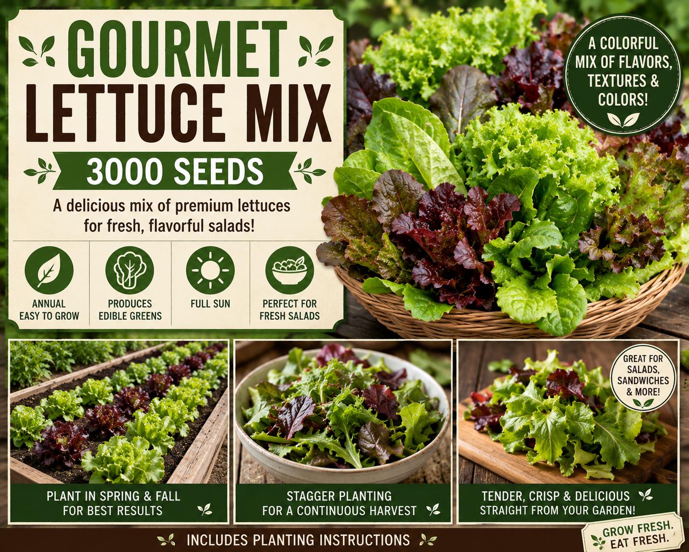 Gourmet Lettuce Mix Seeds – 3000 Mixed Salad Greens Lactuca sativa for Home Gardens, Containers, Raised Beds