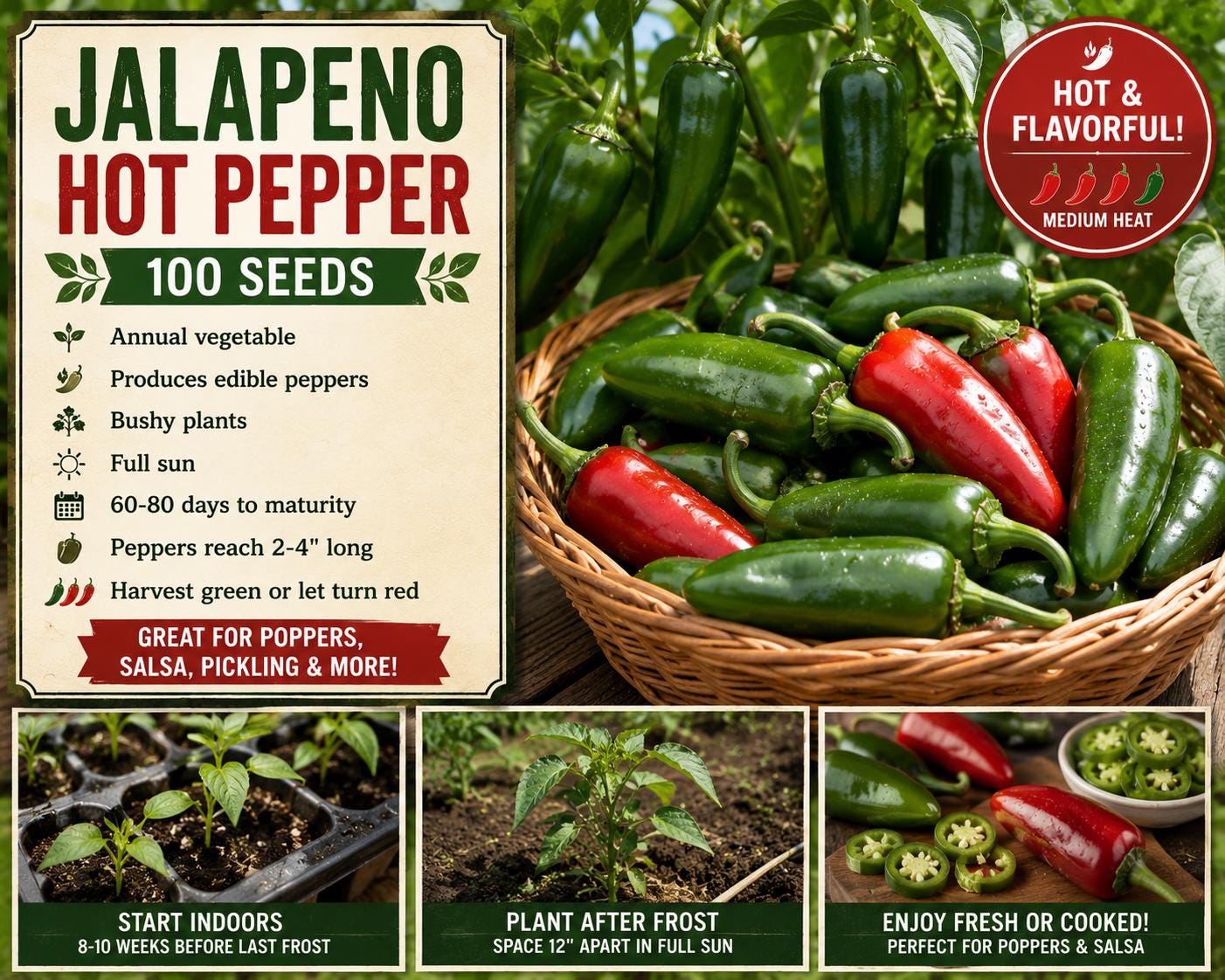 Jalapeno Hot Pepper Seeds – Capsicum annuum, 100 Pack for Vegetable Garden, Full Sun, Green to Red Peppers
