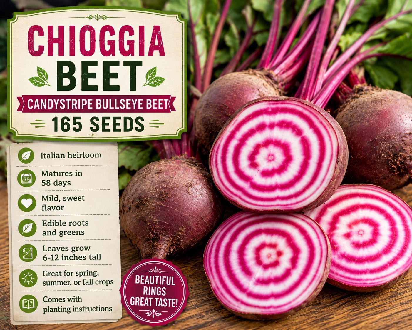 Chioggia Beet Seeds – Candystripe Bullseye Root Vegetable Beta vulgaris, Heirloom Concentric Ring Roots for Culinary Use