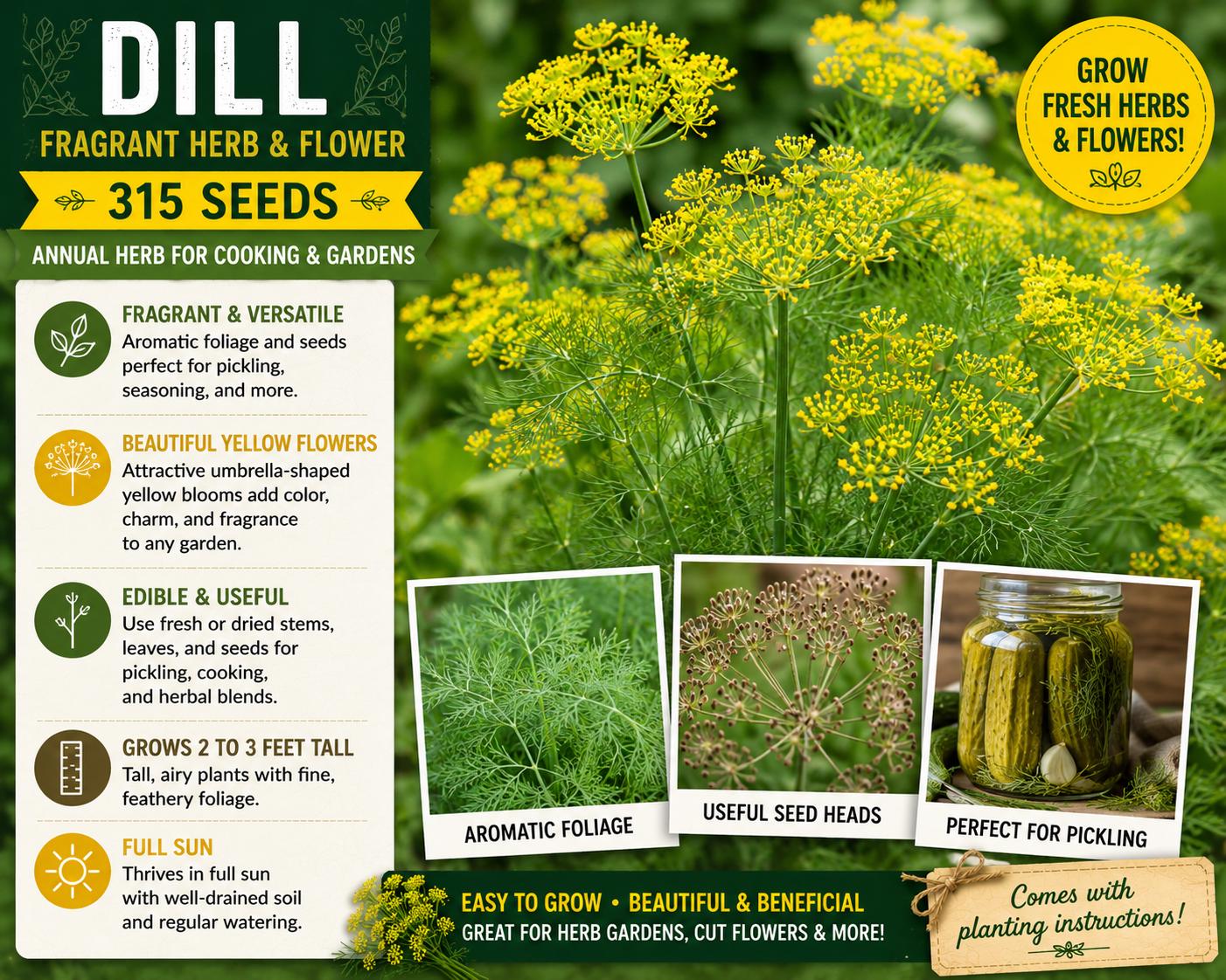 Dill Herb Seeds 315 Pack Anethum graveolens Annual Fragrant Foliage Yellow Flowers Culinary & Ornamental