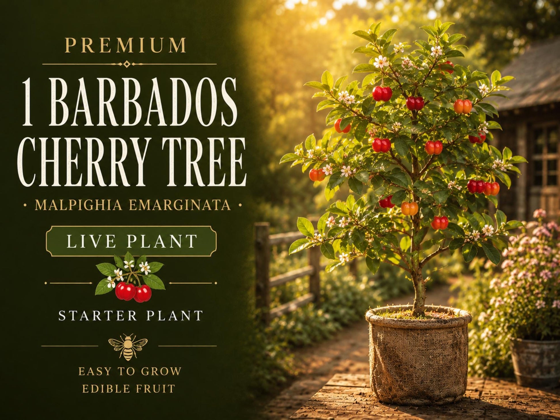 Barbados Cherry Plant | 3-4 Inch Bare Root | Malpighia emarginata Tropical Fruit Shrub for Container Garden