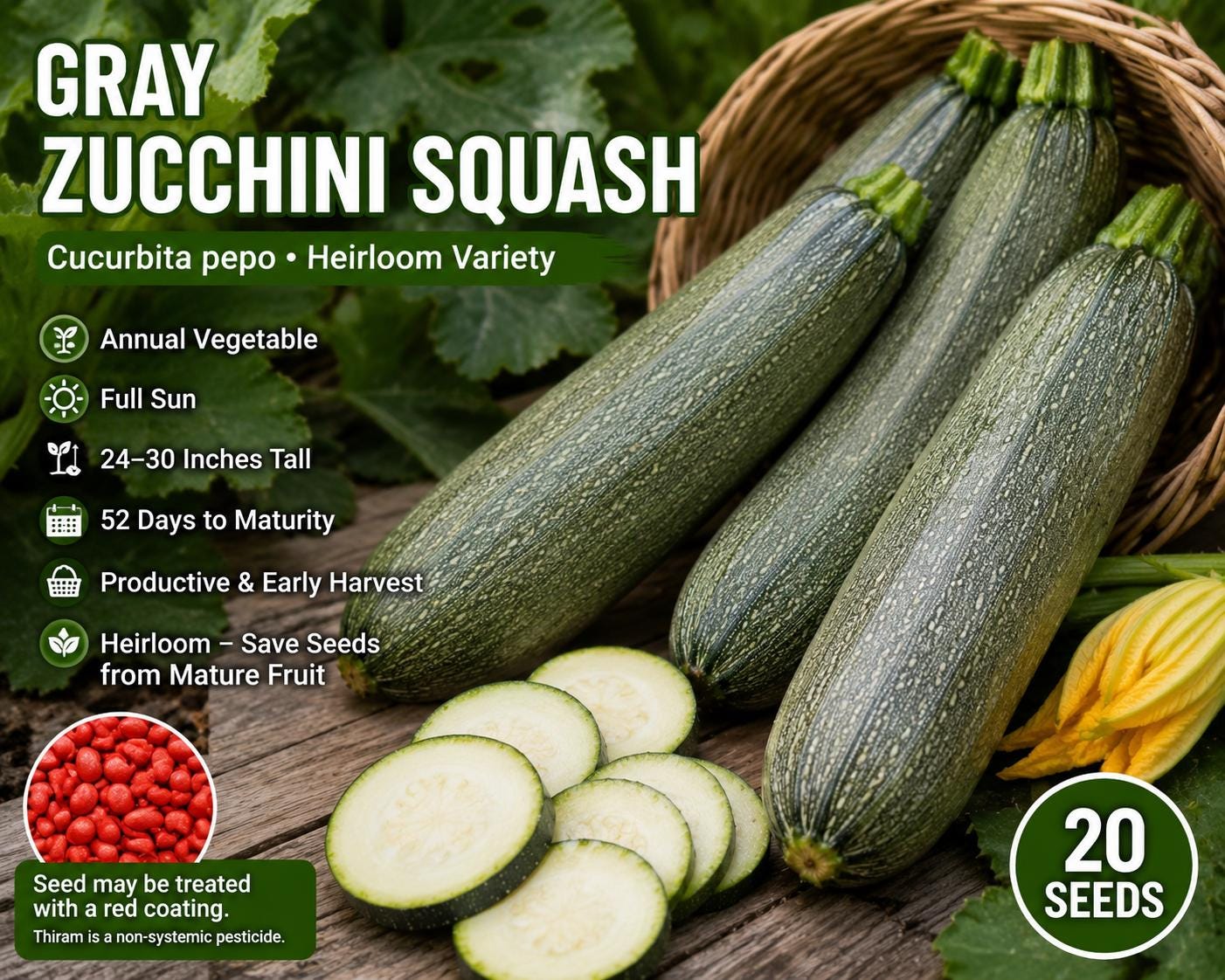 Gray Zucchini Squash Seeds – Cucurbita pepo Heirloom Summer Vegetable, Full Sun, 20 Seeds