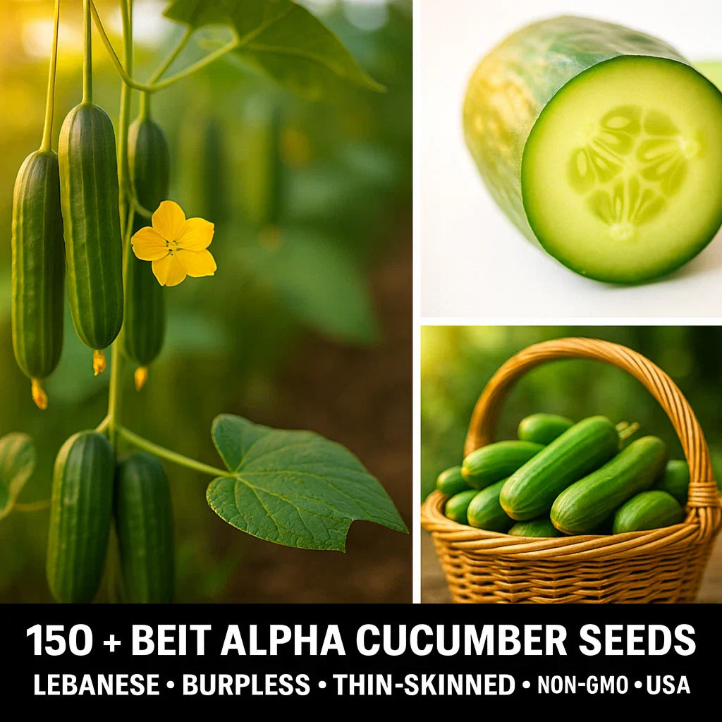 Beit Alpha Cucumber Seeds - 150+ Count - Burpless Snack Variety - Non-GMO