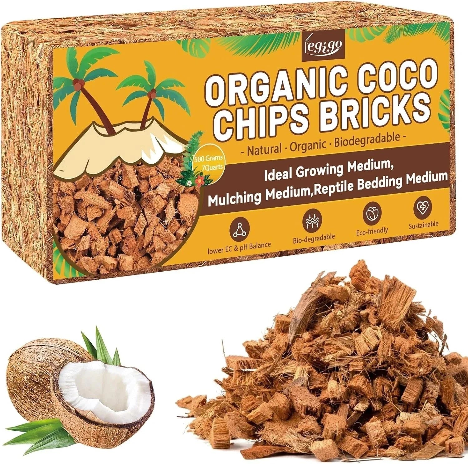 Organic Coconut Coir Chips 1.1 LB for Soil Amendment, Mulch, Hydroponics – Cocos Nucifera