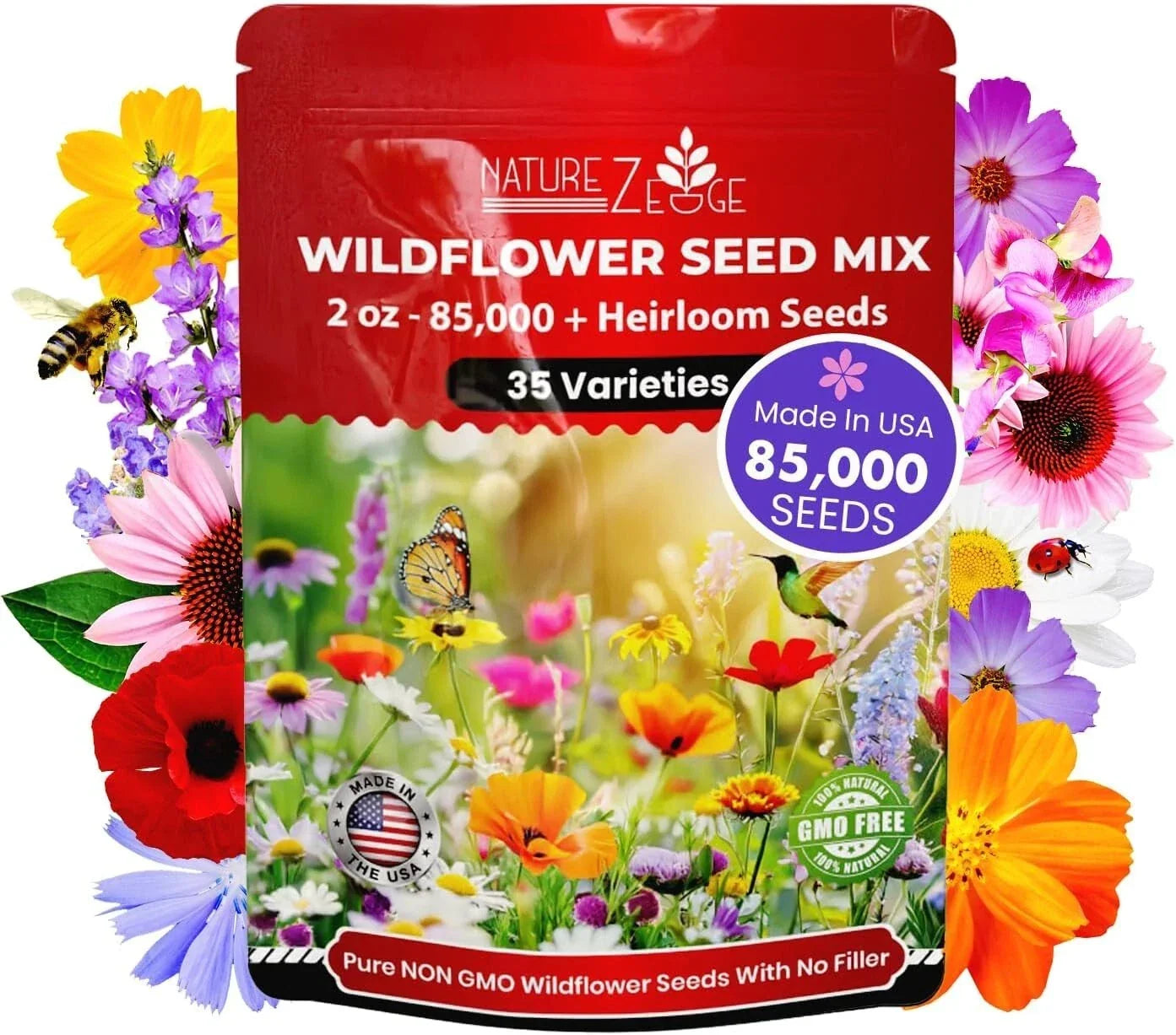 Wildflower Seeds Bulk - 85,000 Count, 35 Varieties Annual & Perennial Mix for Pollinator Gardens