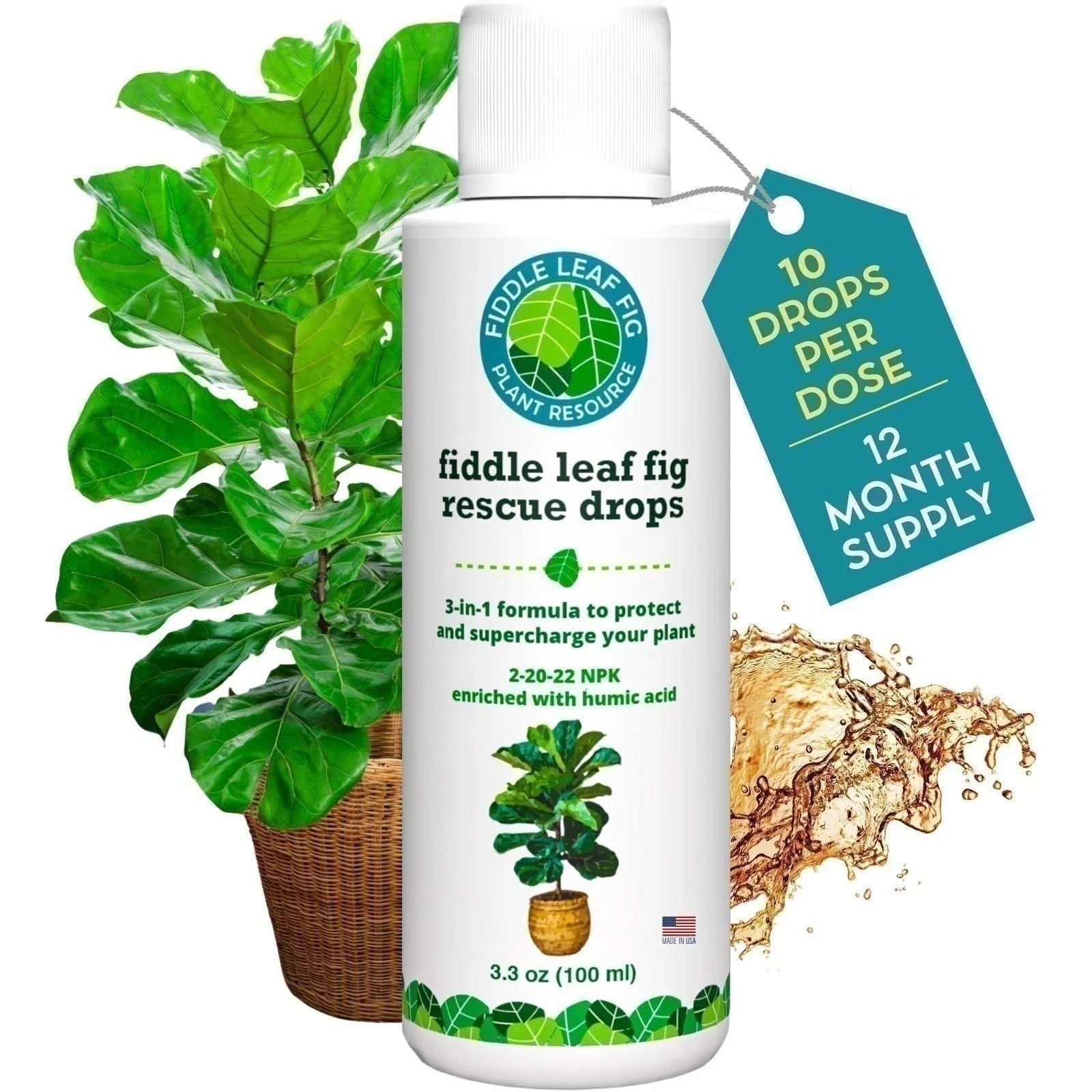 Fiddle Leaf Fig Rescue Drops 100ml - 3-in-1 Fertilizer for Ficus lyrata, Root & Immunity Boost, Indoor Plant Care