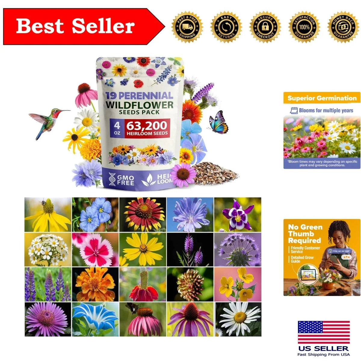 Wildflower Seeds 4oz Non-GMO Perennial Mix - 19 Varieties to Attract Bees & Butterflies