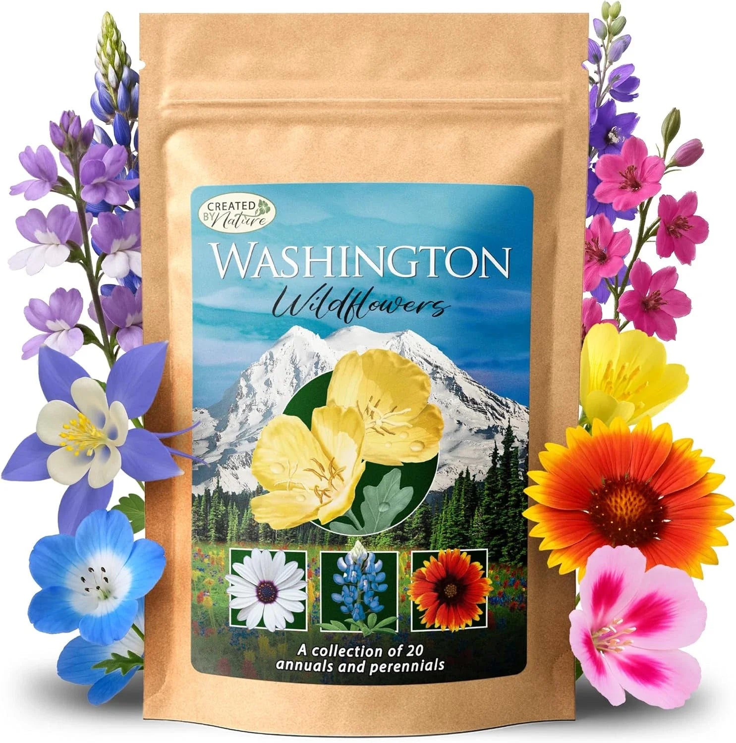 Wildflower Seed Mix - 20 Varieties, 60,000+ Seeds - Washington Native Flowers, Pollinator Friendly, Garden & Meadow Seed