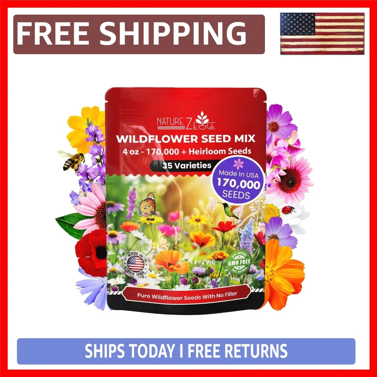 Wildflower Seeds Mix - 1/4 lb Non-GMO Pollinator-Friendly Flower Seed Blend for Gardens and Naturalized Areas