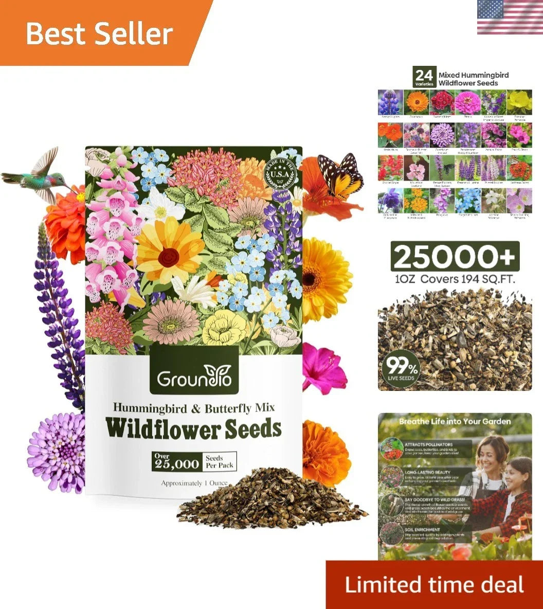 Wildflower Seeds 1 Ounce Hummingbird & Butterfly Mix with 24 Native Varieties for Pollinator Gardens