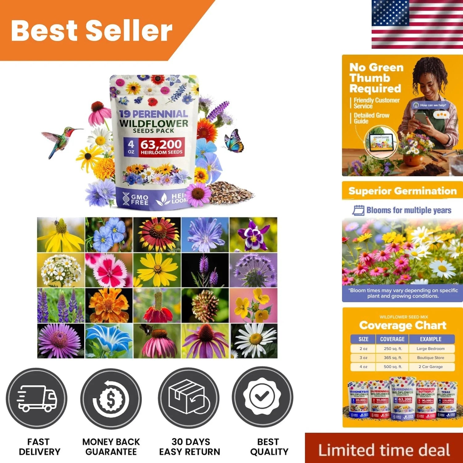 Wildflower Seed Mix - 63,200+ Seeds for Pollinator Gardens - Native Wildflowers - 19 Varieties for Bees & Butterflies